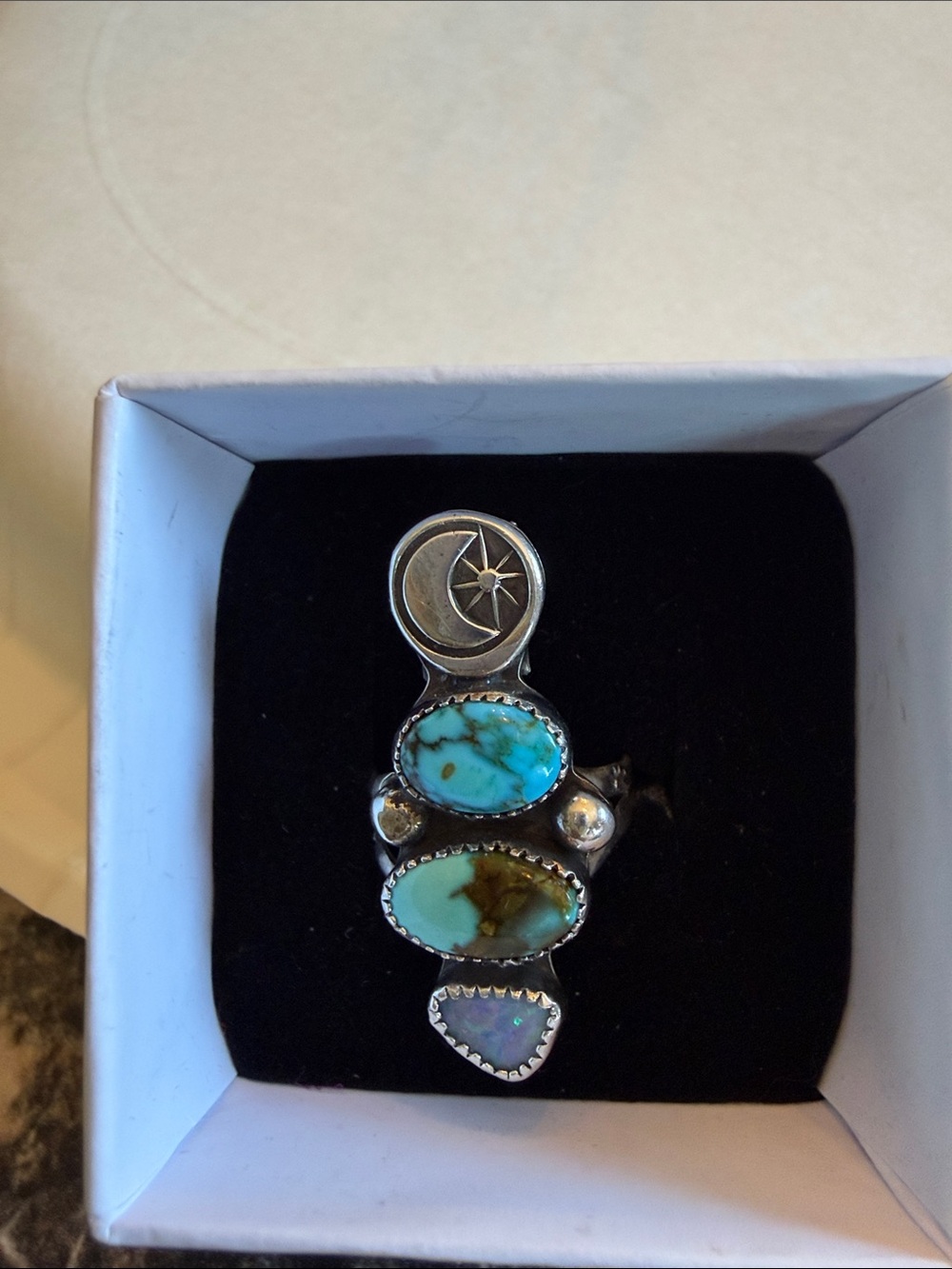 Sterling Silver Moon & Star Turquoise Statement Ring in Blue-Green 
Size 6.5